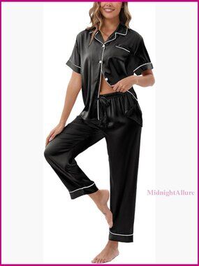 Silk Satin Pajama Set Short Sleeve Button Down Soft Lounge Sleepwear